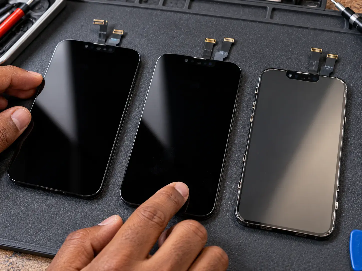 Three iPhone 13 replacement screens side by side on a repair mat, two OLED panels and one LCD panel, with a technician's fingertip on the middle screen