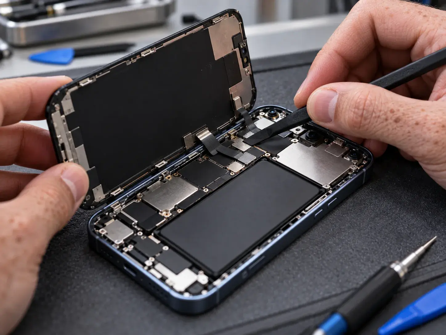 Technician connecting the display flex cable of a new screen to an open iPhone 14 with a nylon spudger on a repair bench