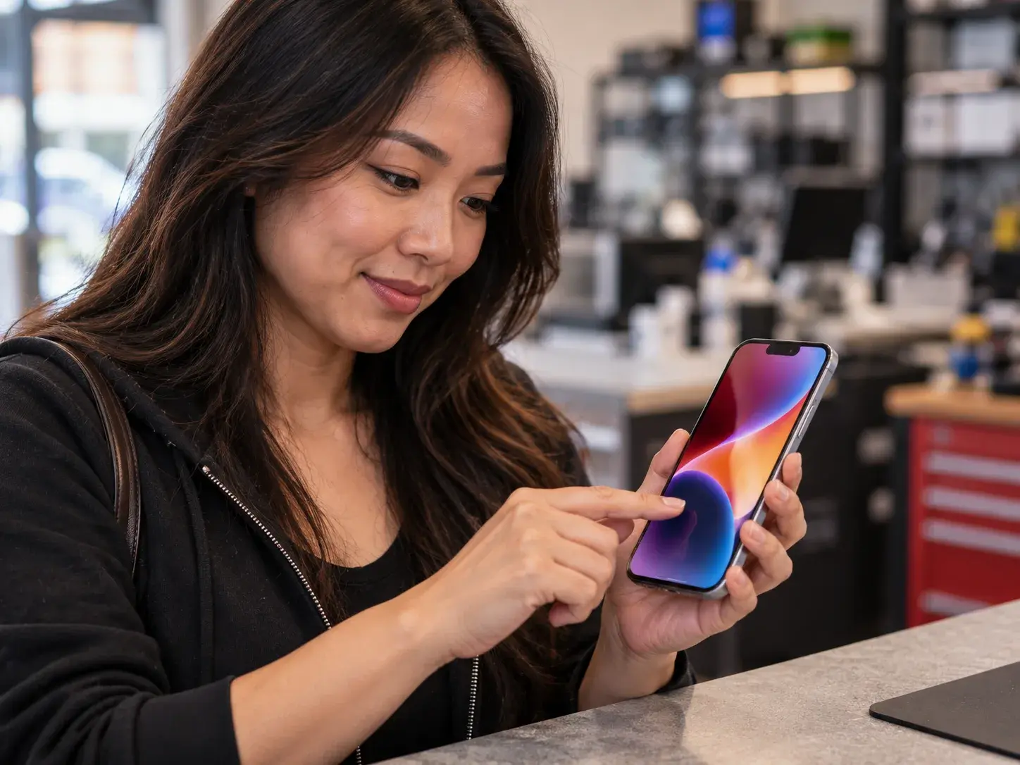 Customer at a repair shop counter swiping the lit screen of her repaired iPhone 15