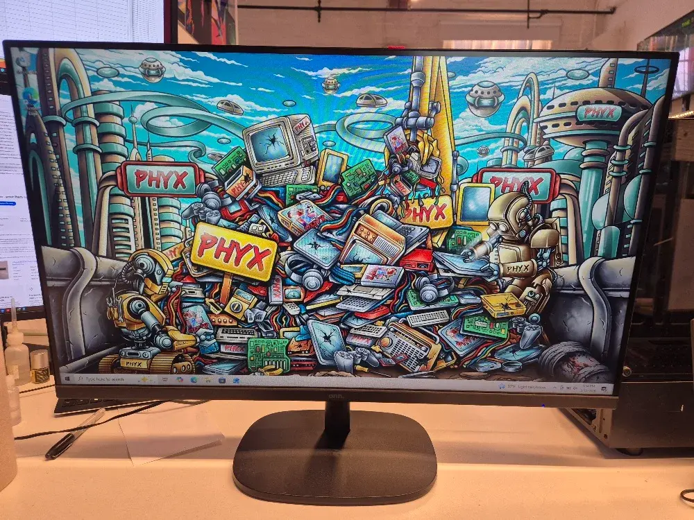 onn. 32 inch FHD 1080p 75hz display, main view of the screen and stand, sold by PHYX