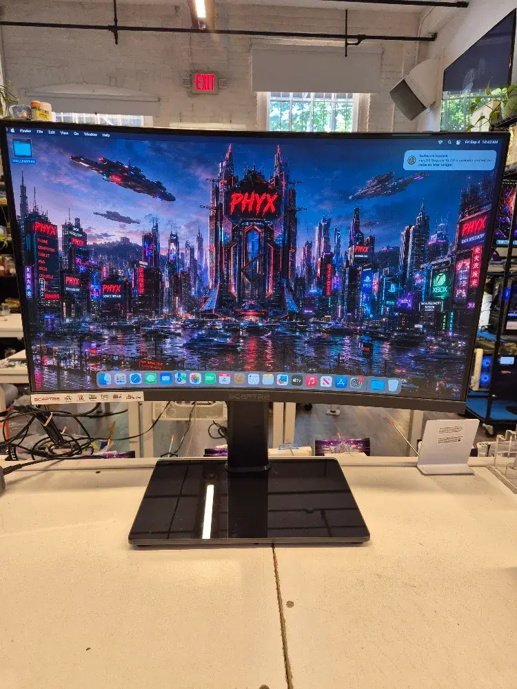 Sceptre 27 inch curved LED monitor C278W-1920R, main view of the screen and stand, sold by PHYX