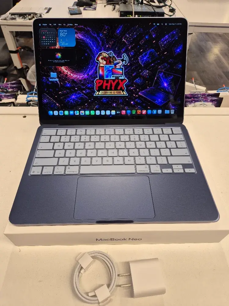 13-inch MacBook Neo A18 Pro, aluminum silver, front view with display on