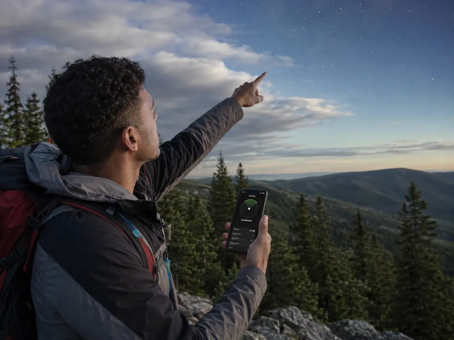 Hiker Connected Beneath Mountain Skies