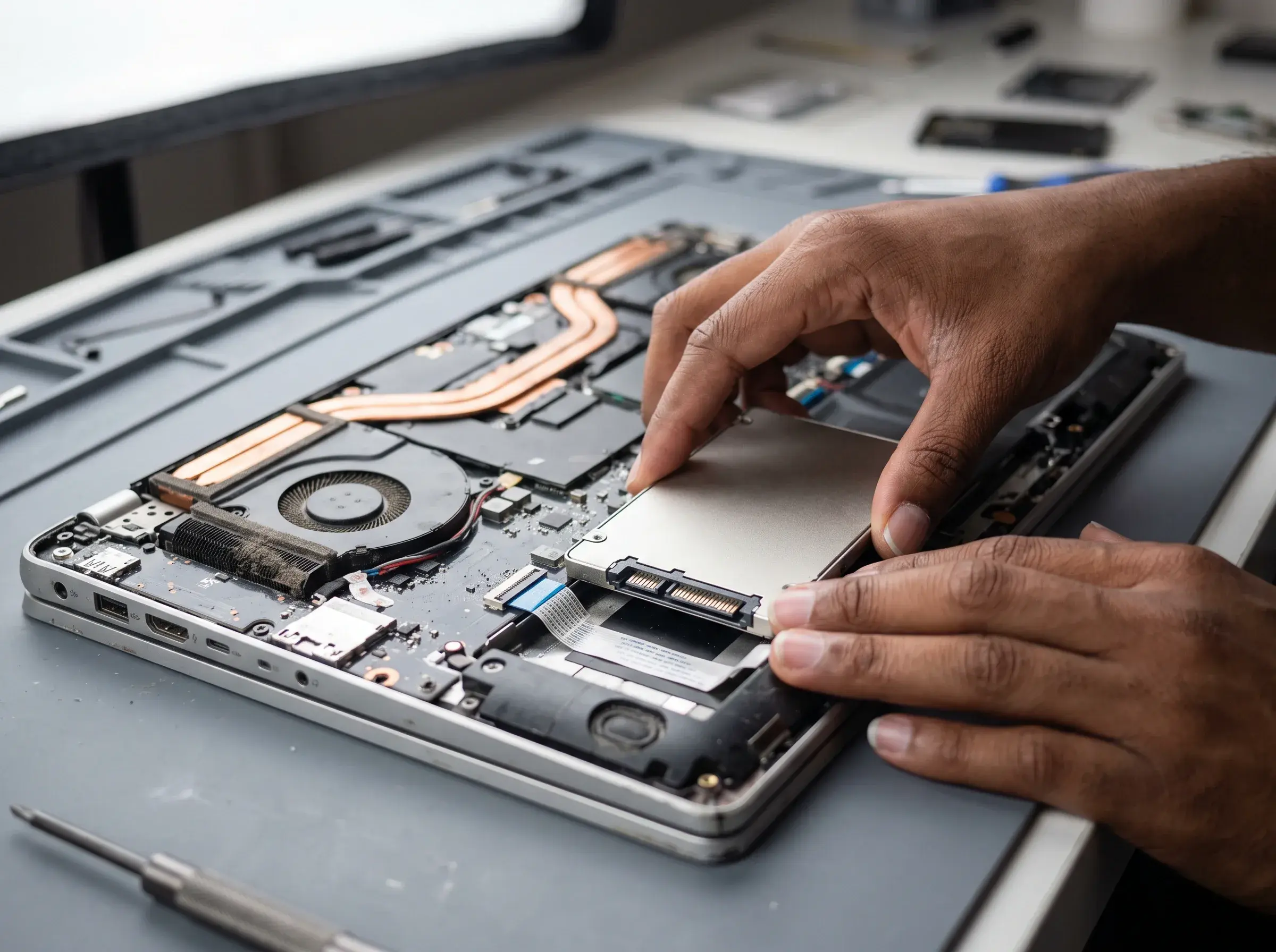 Technician installing an SSD in an older HP Pavilion laptop to speed it up instead of buying new