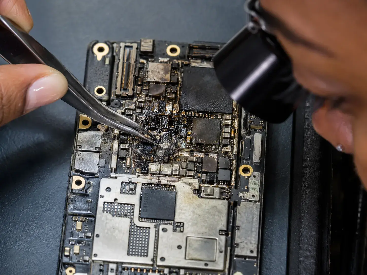 phone circuit board with visible heat damage