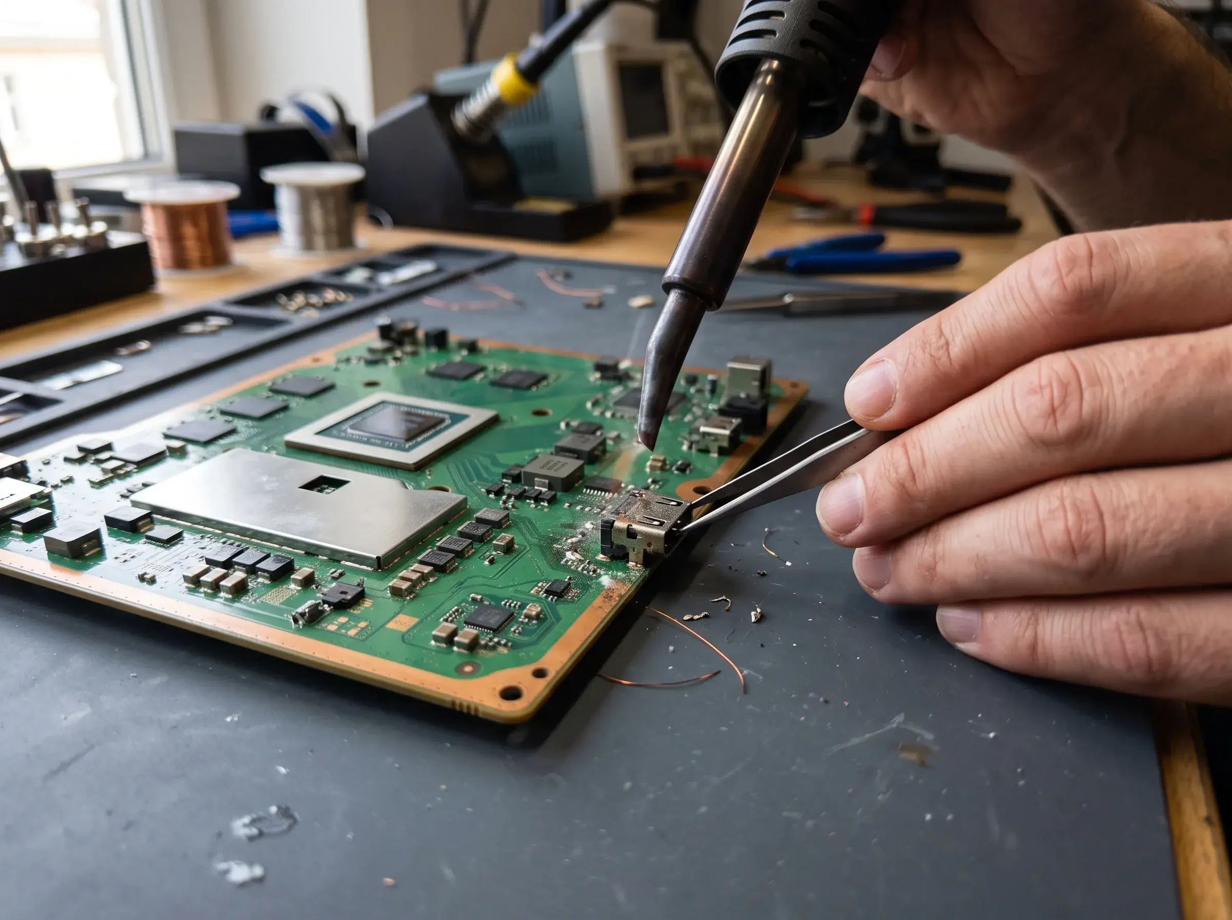 Technician removing a damaged HDMI port from a PS5 mainboard with tweezers and a soldering iron