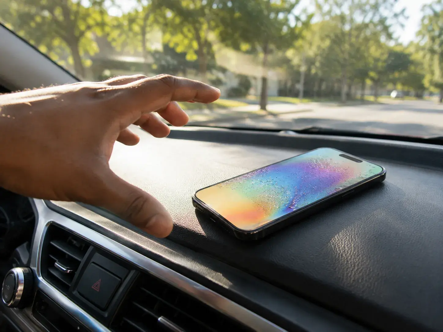 Sunlit Dashboard Phone and Reaching Hand