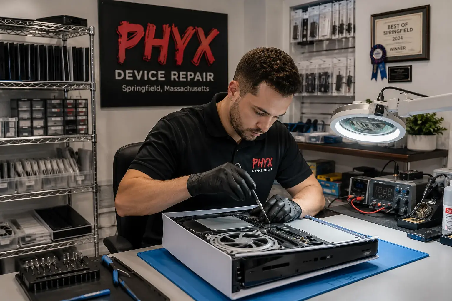 A technician uses precision tools to repair a PS5 console on a clean workbench, with an award ribbon on the wall and organized repair parts on shelves behind.
