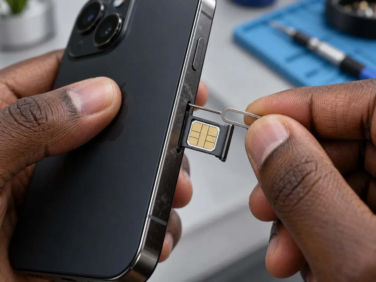 Hands ejecting the SIM tray from a black iPhone with a pin, a nano-SIM card seated in the tray, repair bench blurred behind
