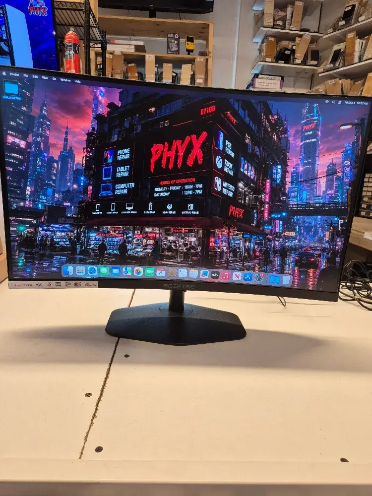 Sceptre 27 inch curved LED monitor C278W-1920R, main view of the screen and stand, sold by PHYX