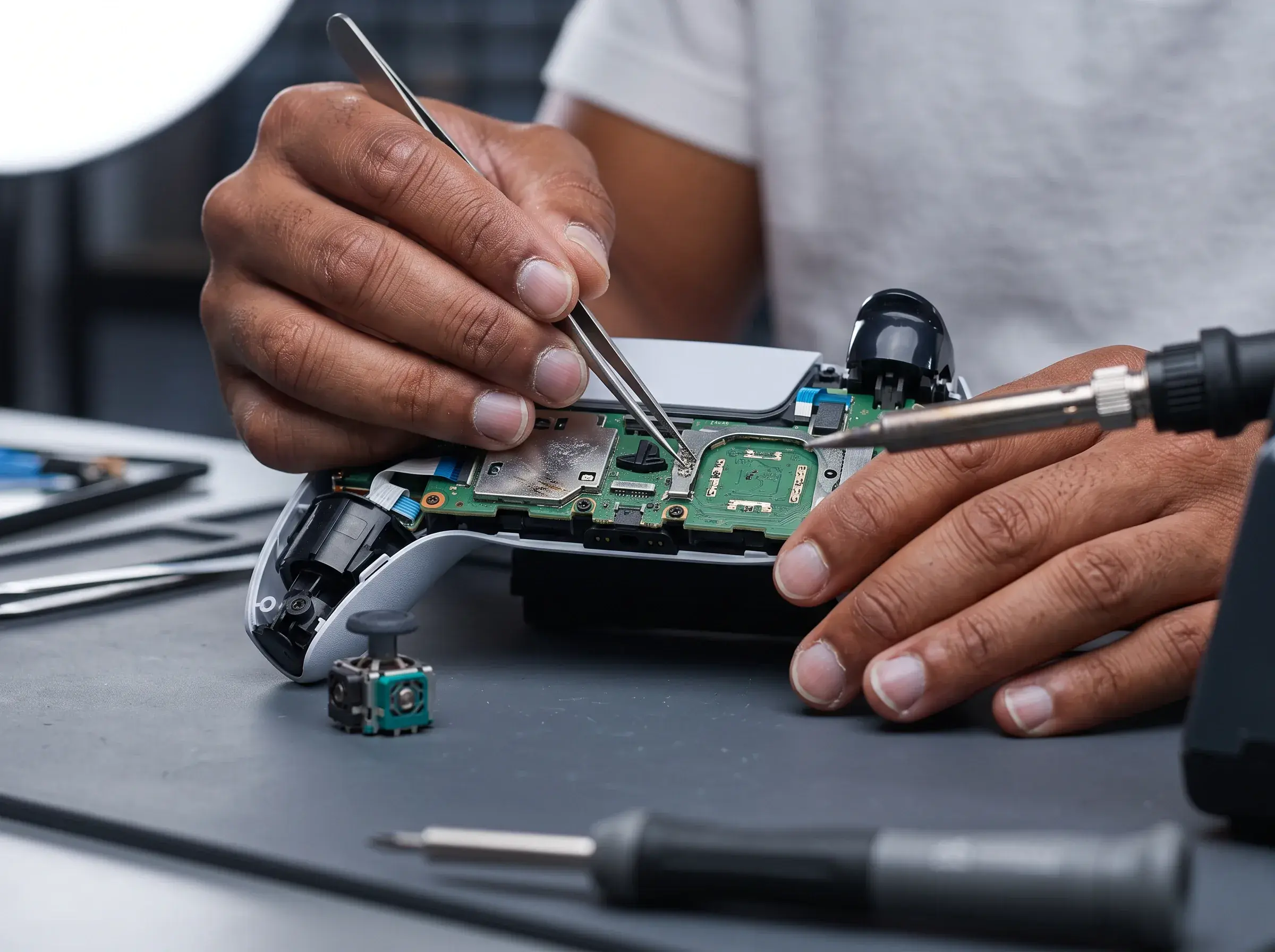 A technician holds tweezers over an opened PS5 DualSense controller with one stick module removed