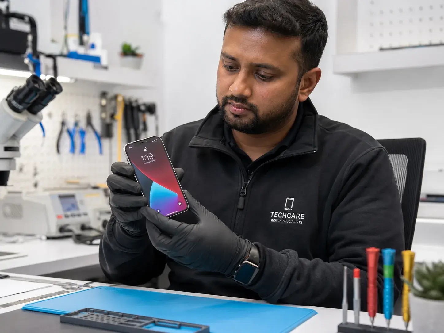 Focused Technician Inspecting a Smartphone