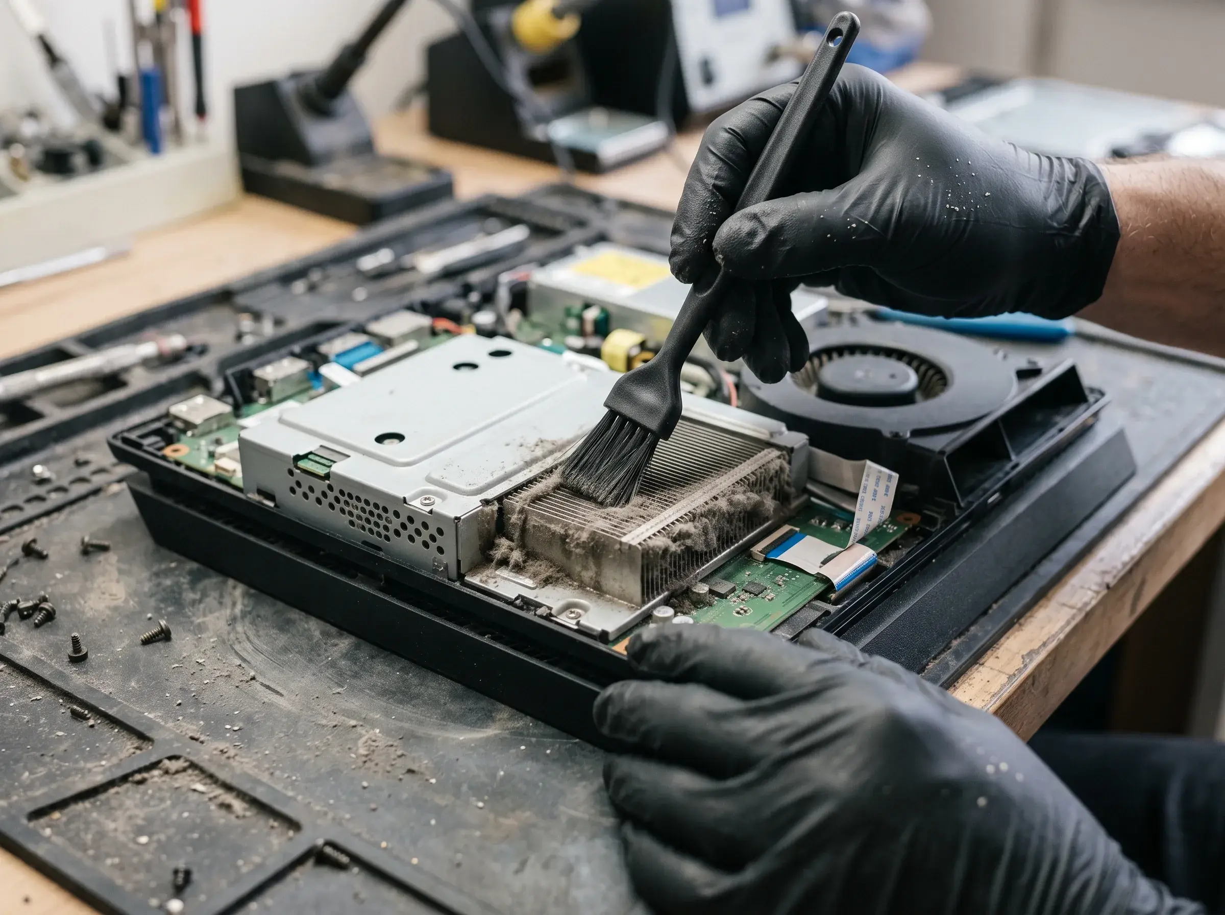 A gloved technician brushes thick dust out of an opened PS4 Slim heatsink