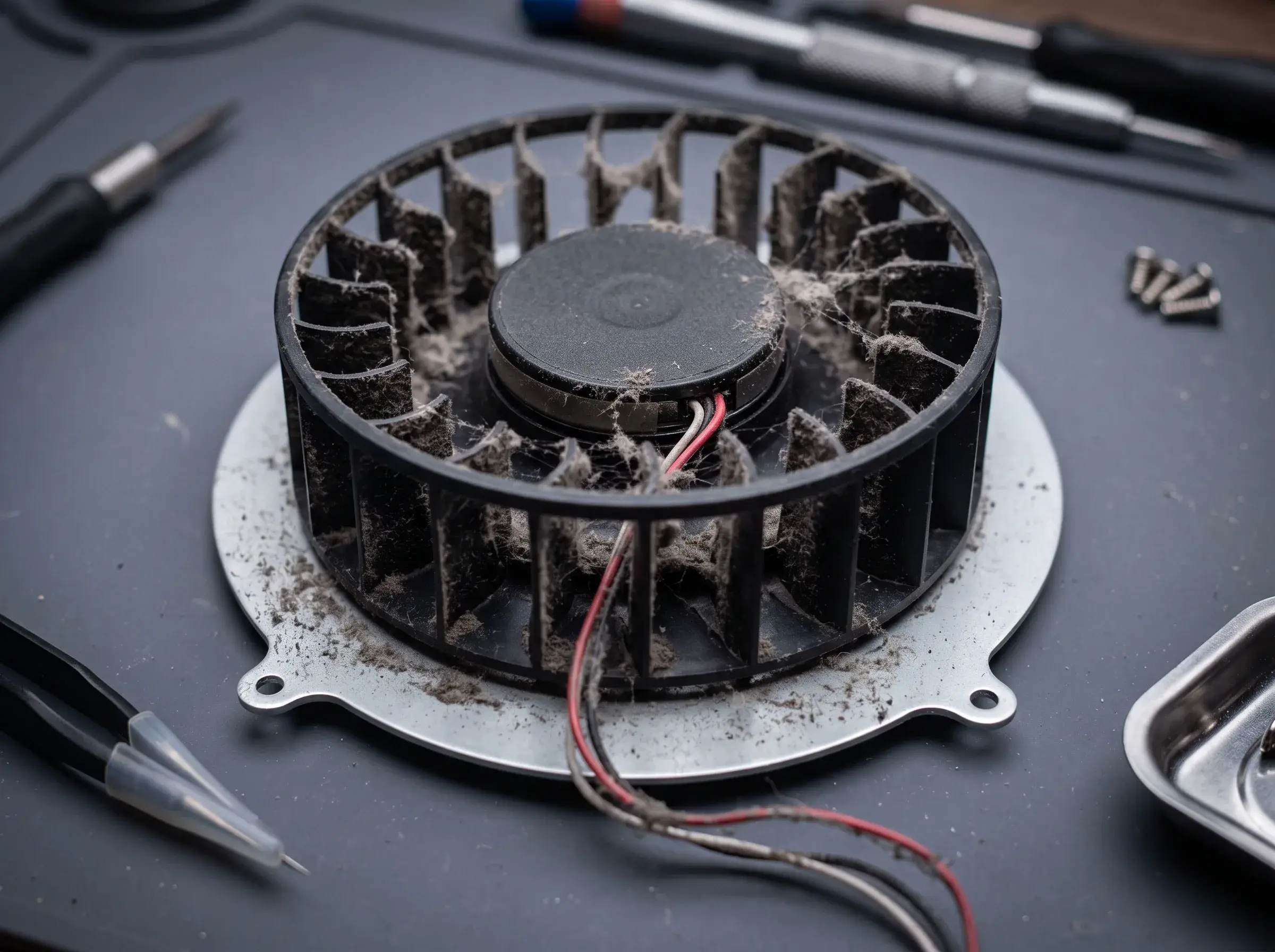 A PS5 blower fan removed from the console, its black blades caked with grey dust