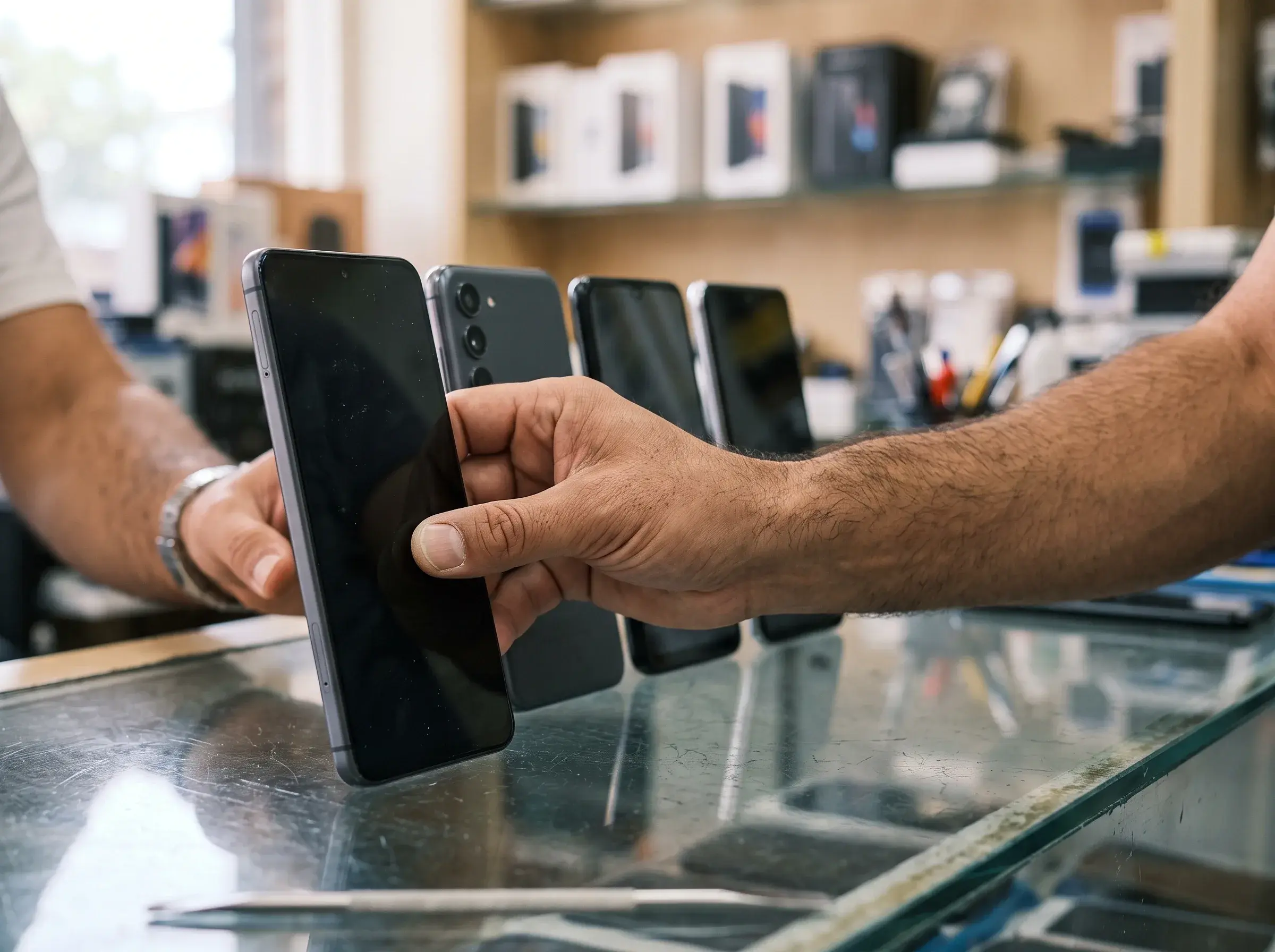 Customer picking up one of four Android phones from a glass display counter at a repair shop