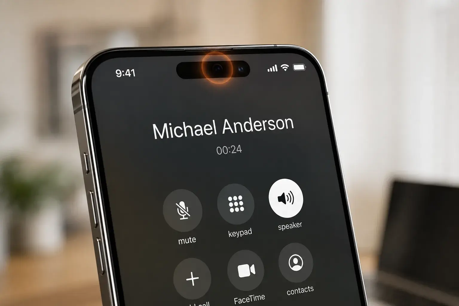 Close-up of an iPhone 14 Pro Max at a 45-degree angle showing an active call on screen, with the proximity sensor area near the top speaker highlighted.