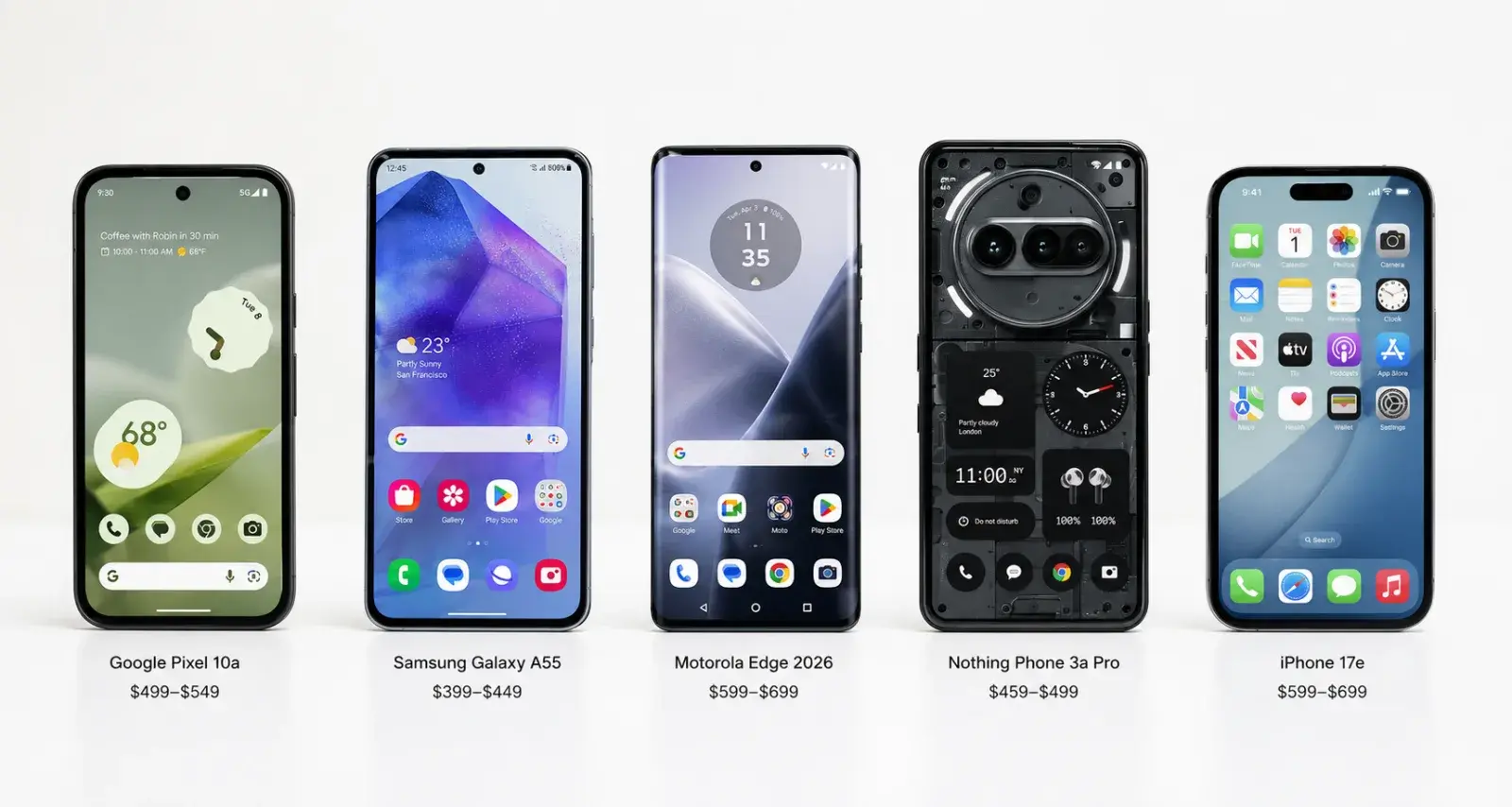 Five smartphones arranged side by side on a clean white surface, each showing its home screen: Google Pixel 10a, Samsung Galaxy A55, Motorola Edge 2026, Nothing Phone 3a Pro, and an iPhone 17e.