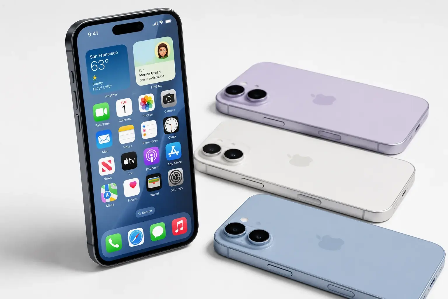 An iPhone 17 shown at a 45-degree angle on a neutral white surface with several color variations arranged nearby, screen displaying a clean home screen.
