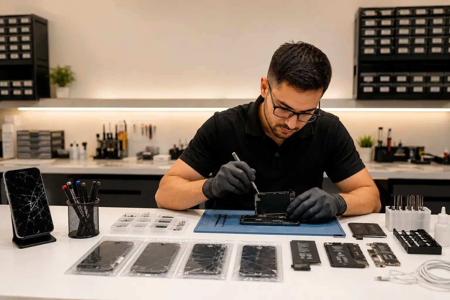 A technician at a clean, well-lit repair counter using precision tools to replace a cracked iPhone screen, with organized replacement parts on the workbench.