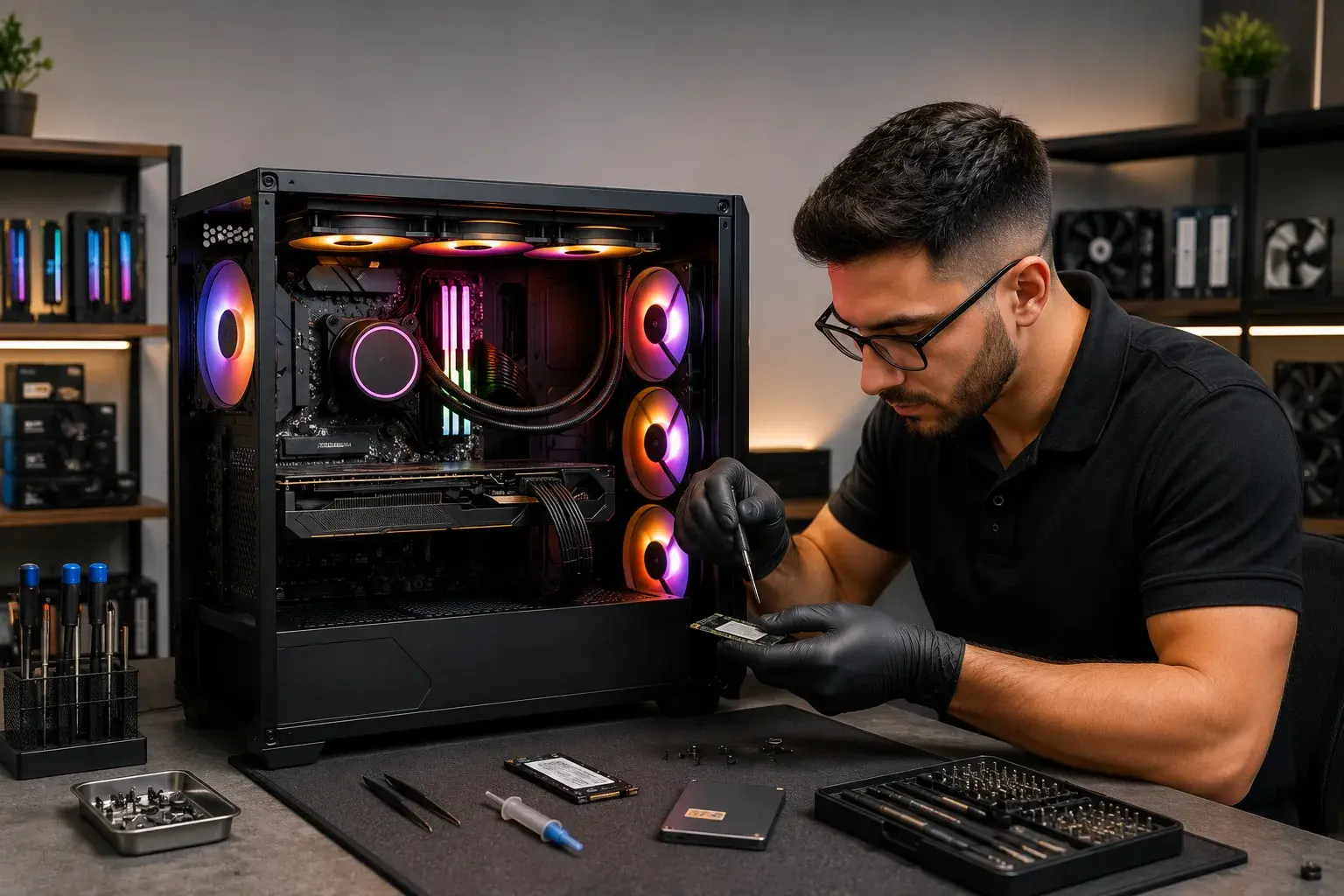 An open RGB gaming PC on a workbench showing motherboard, GPU, RAM, and cooler, with a technician applying thermal paste using precision tools.