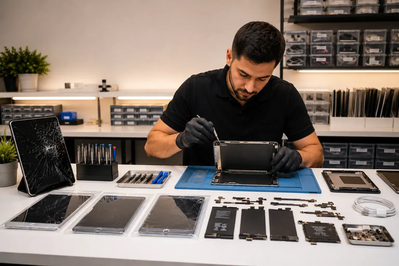 A repair technician replaces a cracked iPad screen at an organized workbench stocked with tablet screens, batteries, and precision tools.