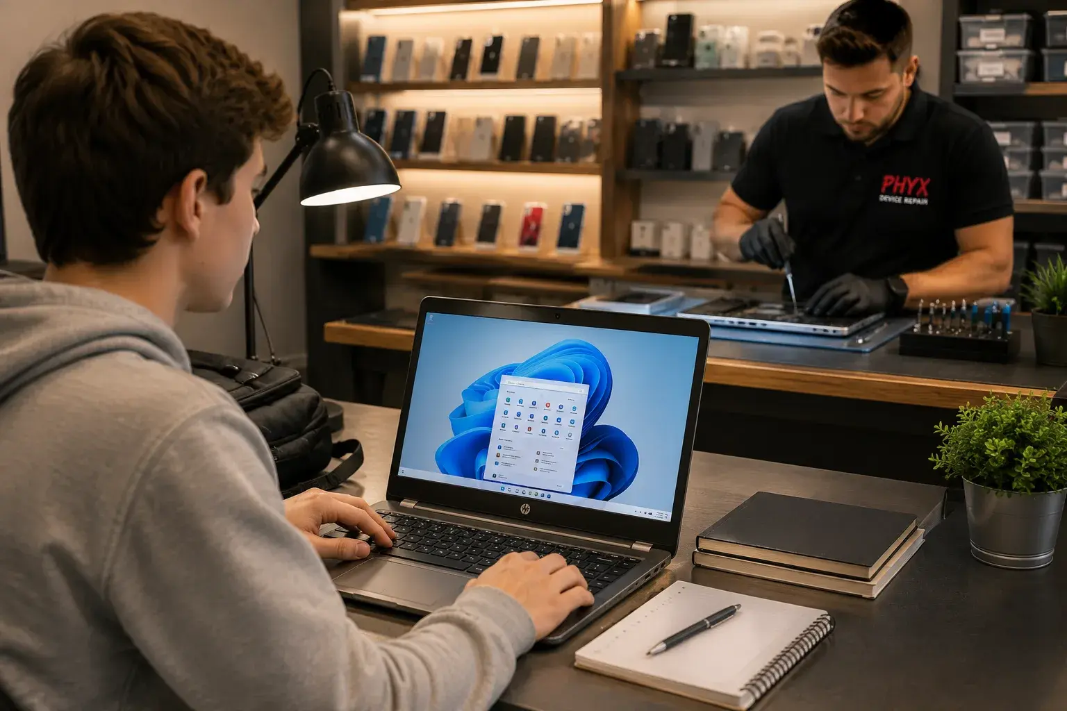 A student works at a laptop showing a fast, clean desktop while a technician performs an SSD upgrade at a repair bench in the background.