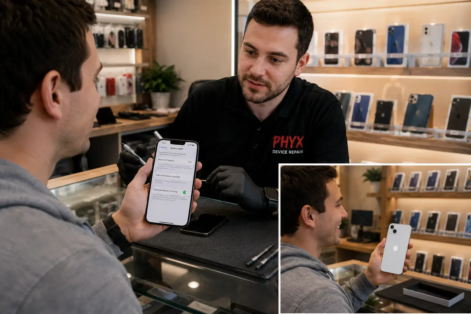 A customer hands an iPhone showing 80% battery health to a technician at a counter, with refurbished iPhones boxed on the shelves behind them.