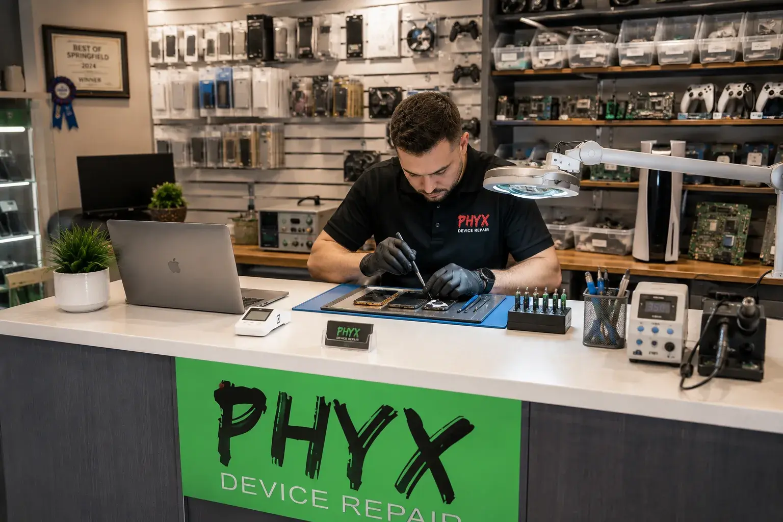 A technician repairs an iPhone screen at a clean, brightly lit repair shop counter with a green PHYX Device Repair sign and organized parts bins behind them.