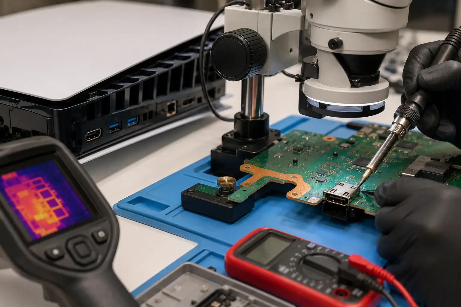 Close-up of a precision soldering iron working on a PlayStation 5 HDMI port under magnification, with the console motherboard and diagnostic equipment on a repair workbench.