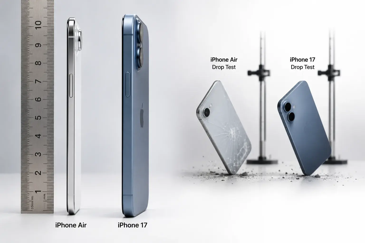 An iPhone Air and iPhone 17 shown side by side on a clean white surface, angled to highlight the Air's thinner profile against the sturdier standard 17.