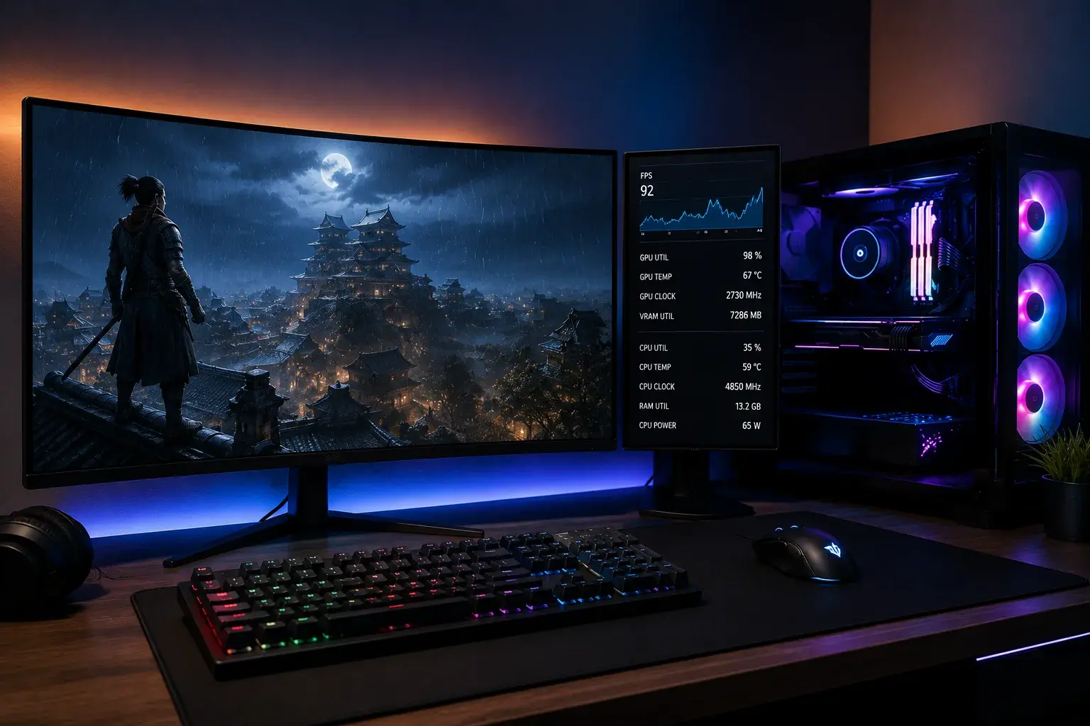A high-end gaming PC with RGB lighting and a curved monitor displaying feudal Japan scenery from Assassin's Creed Shadows, with a second screen showing live performance metrics.