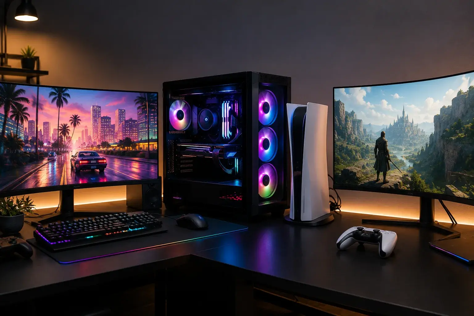 A high-end gaming PC with an RGB-lit case beside an upright PS5 on a clean desk, each connected to a curved monitor showing a different 2025 game scene.