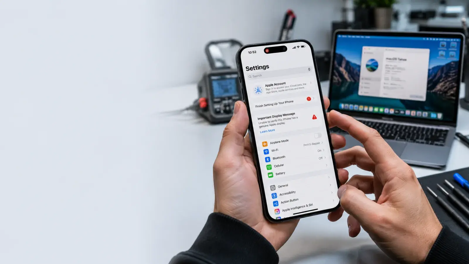 A hand holds an iPhone showing the iOS 26 Settings screen with a notification icon, while a MacBook Pro running macOS 26 sits blurred on a repair workbench behind it.