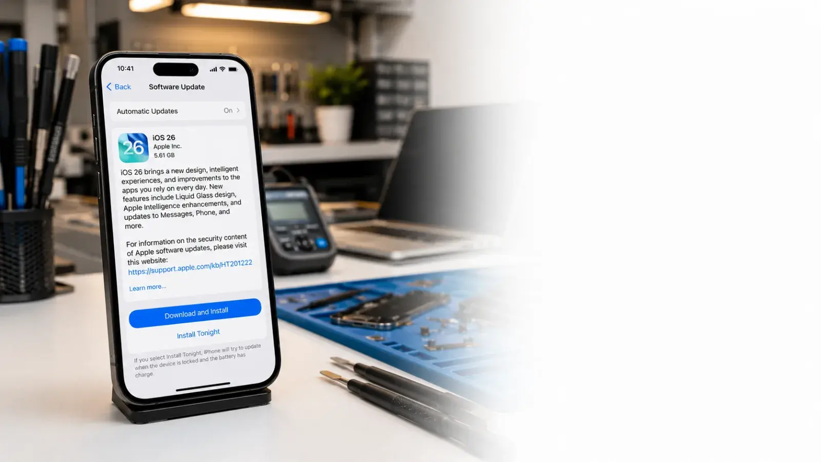A Space Black iPhone 15 Pro angled to the left showing the iOS 26 Software Update screen with a Download and Install button, set against a blurred repair workbench.